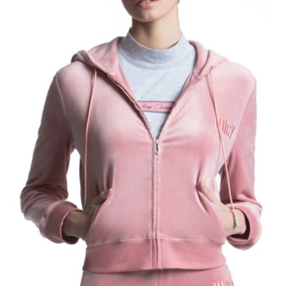 Juicy Couture Classic Velour Zip Up Hoodie & Embellished Joggers - Blush Pink